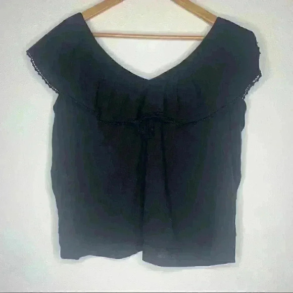 Ann Taylor Loft Ruffle Double V Shell black top blouse Sz xs loose fit - Picture 2 of 9